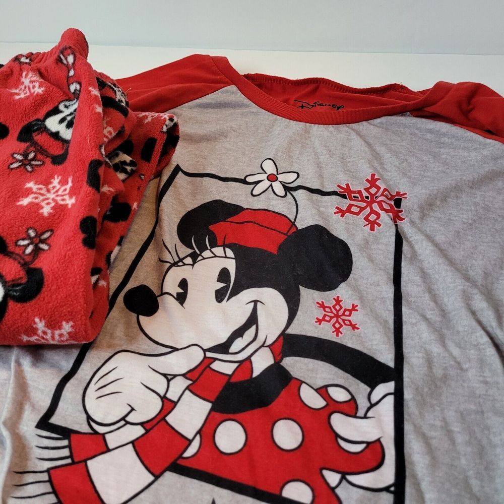 Disney‎ Minnie Mouse Pajama Set Womens 2X Red Gray Excellent Holiday Fleece 2pc - Picture 2 of 8